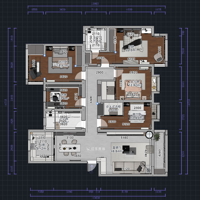 熊皓宇｜翠屏东南-180㎡-现代风格｜5室2厅2卫｜新房装修｜定制家｜全包｜00_01平面彩图
